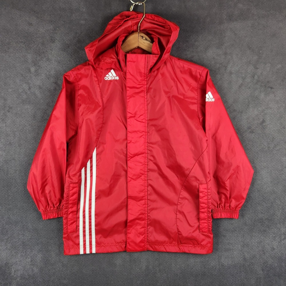 Adidas Windbreaker Jacket Kids Small Red Hooded Full Zip Mesh Lined Lightweight‎